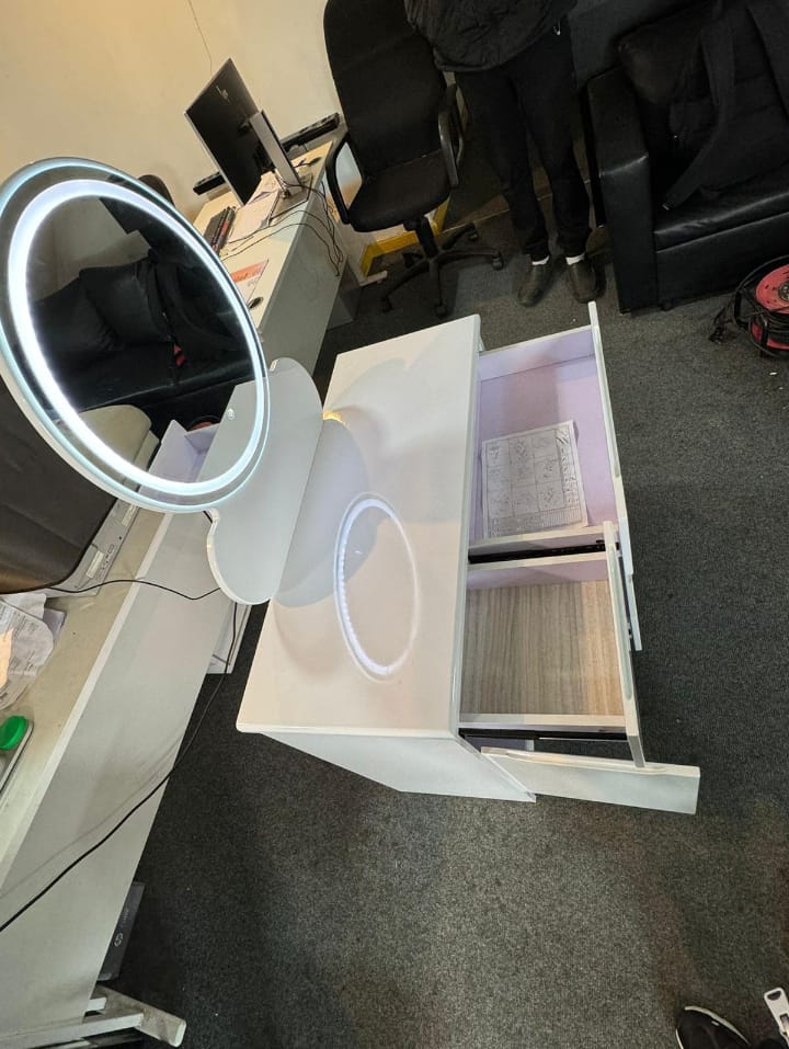 Modern White Dressing Table with LED Mirror & Storage Drawers , Stool