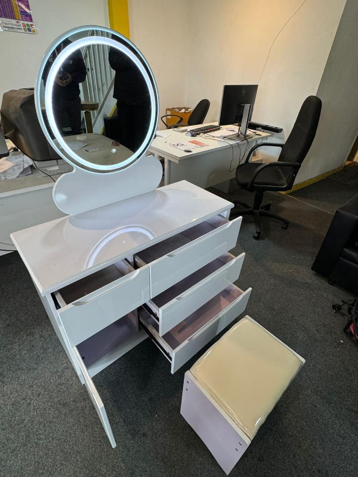 Modern White Dressing Table with LED Mirror & Storage Drawers , Stool