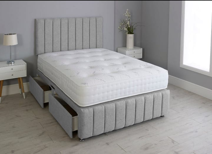 Modern Grey Divan Bed with Headboard & Mattress Stylish Storage Option