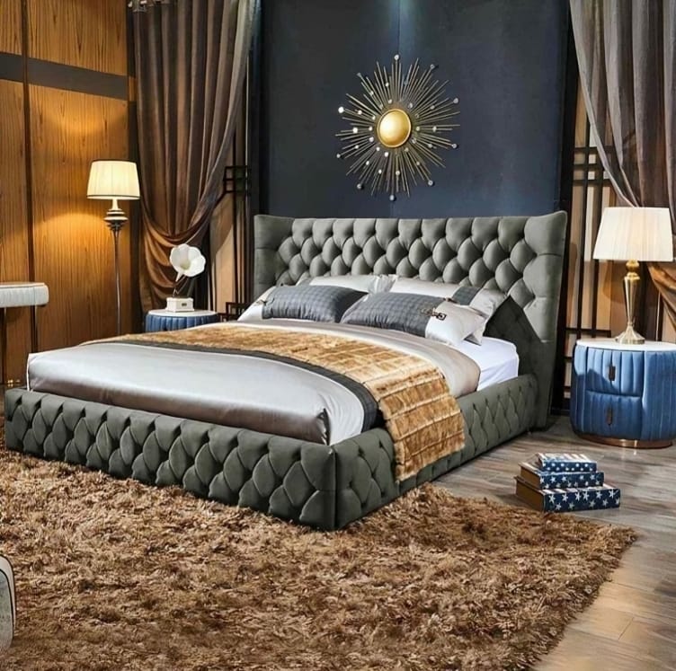 Luxury Wingback Bed with Tufted Upholstery Modern Velvet Bed Frame