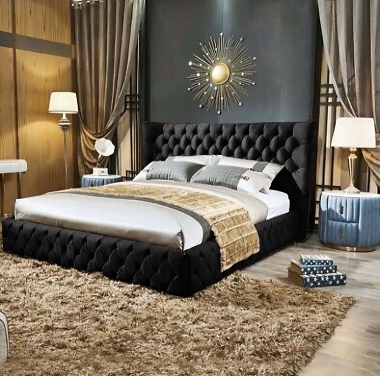Luxury Wingback Bed with Tufted Upholstery Modern Velvet Bed Frame