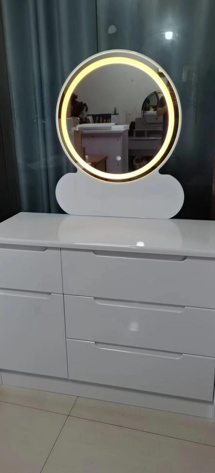 Modern White Dressing Table with LED Mirror & Storage Drawers , Stool