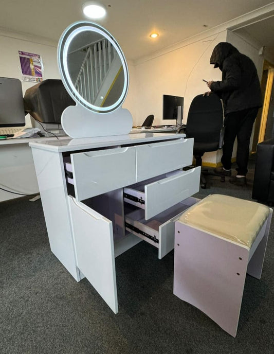 Modern White Dressing Table with LED Mirror & Storage Drawers , Stool