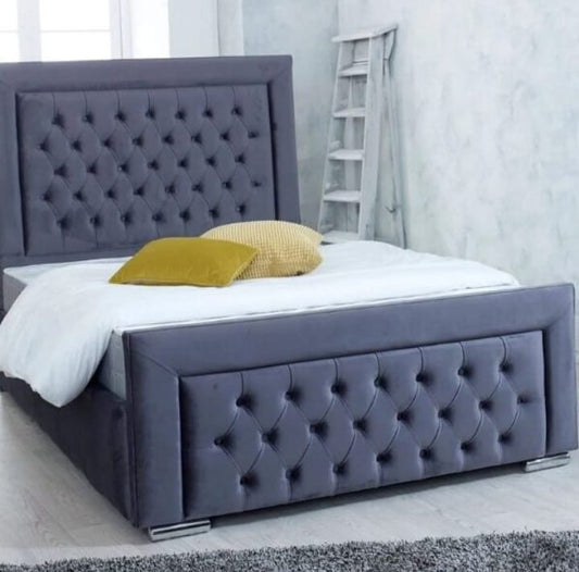 Hilton Luxury Upholstered Bed with Tufted Headboard & Footboard  Modern Velvet Bed Frame