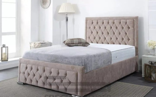 Hilton Luxury Upholstered Bed with Tufted Headboard & Footboard  Modern Velvet Bed Frame