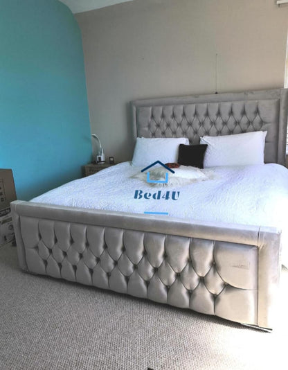 Hilton Luxury Upholstered Bed with Tufted Headboard & Footboard  Modern Velvet Bed Frame