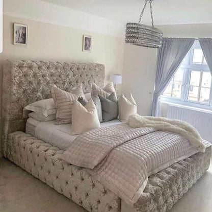Luxury Ambassador Upholstered Bed with Deep Button Tufting Premium Velvet Hotel-Style Bed Frame