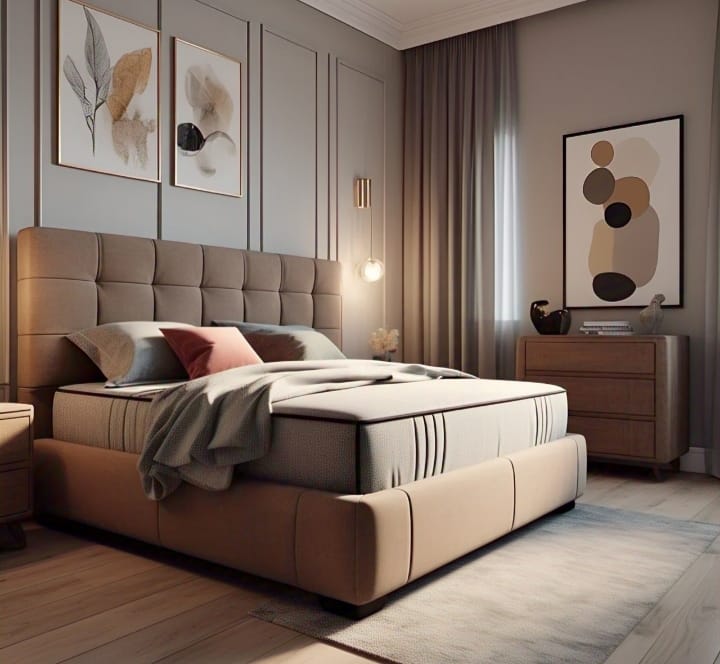 Modern Panel Bed Frame  Sturdy Wooden Platform Bed with Headboard