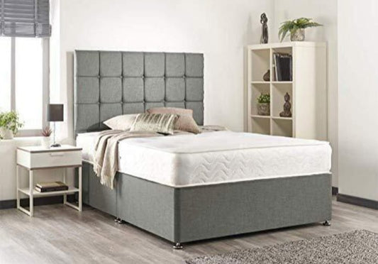 Modern Grey Divan Bed with Headboard & Mattress  Stylish Storage Option