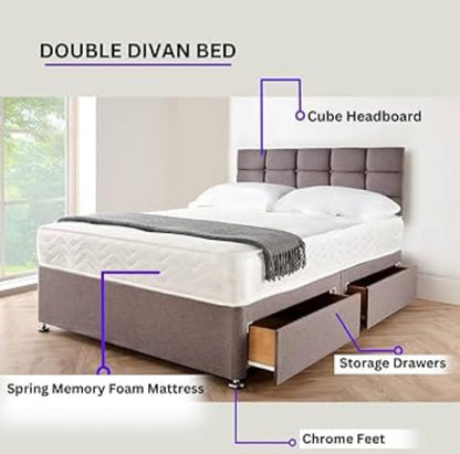 Modern Grey Divan Bed with Headboard & Mattress  Stylish Storage Option