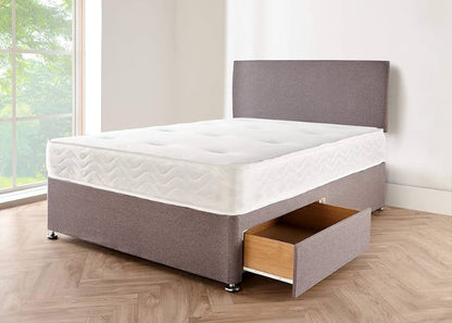 Modern Grey Divan Bed with Headboard & Mattress  Stylish Storage Option