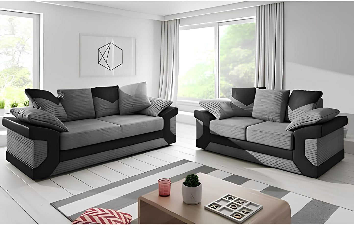 Modern 2,3-Seater Grey Corduroy & Faux Leather Sofa – Stylish Contrast Couch with Plush Cushions