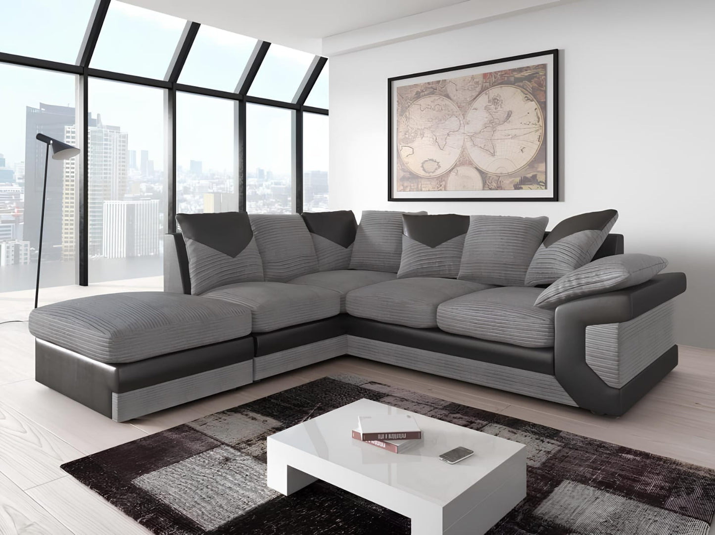 Modern 2,3-Seater Grey Corduroy & Faux Leather Sofa – Stylish Contrast Couch with Plush Cushions