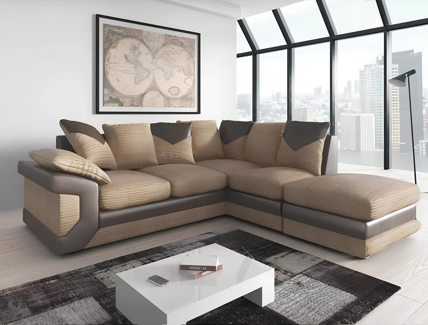 Modern 2,3-Seater Grey Corduroy & Faux Leather Sofa – Stylish Contrast Couch with Plush Cushions