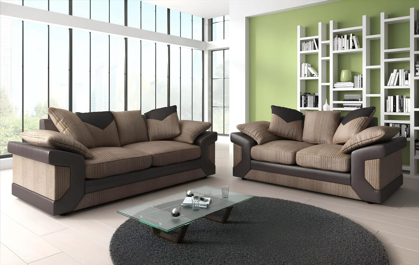 Modern 2,3-Seater Grey Corduroy & Faux Leather Sofa – Stylish Contrast Couch with Plush Cushions
