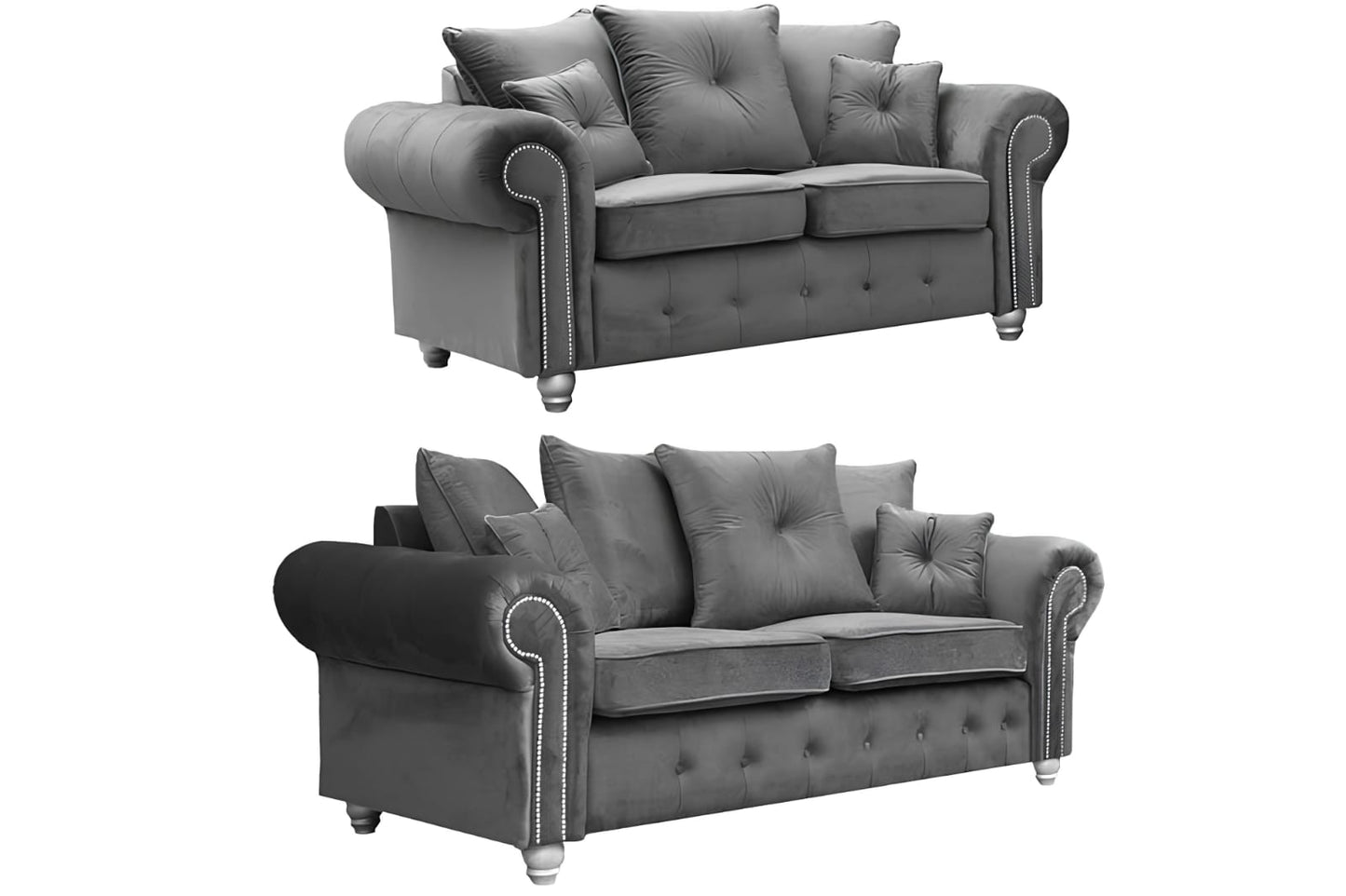 Classic Grey Velvet Chesterfield Sofa Rolled Arm 2,3 & Corner-Seater with Button Tufting & Stud Detail