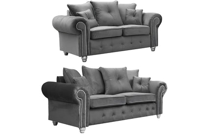 Classic Grey Velvet Chesterfield Sofa Rolled Arm 2,3 & Corner-Seater with Button Tufting & Stud Detail