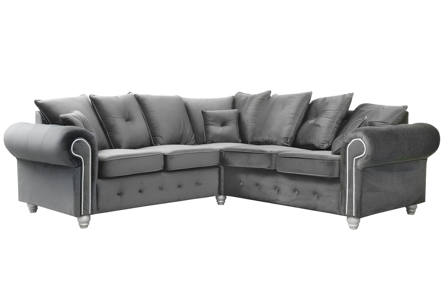 Classic Grey Velvet Chesterfield Sofa Rolled Arm 2,3 & Corner-Seater with Button Tufting & Stud Detail
