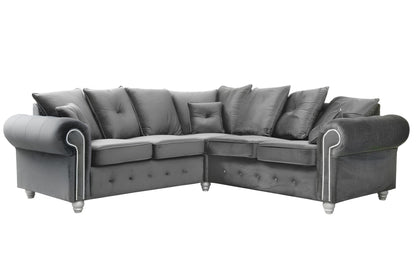 Classic Grey Velvet Chesterfield Sofa Rolled Arm 2,3 & Corner-Seater with Button Tufting & Stud Detail