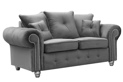 Classic Grey Velvet Chesterfield Sofa Rolled Arm 2,3 & Corner-Seater with Button Tufting & Stud Detail