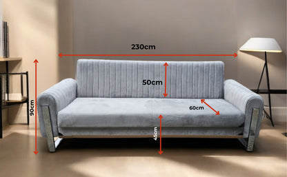 Manny Modern Velvet Sofa 3-Seater with Chrome Legs, 230cm Wide, Deep Seating & Vertical Stitch Design