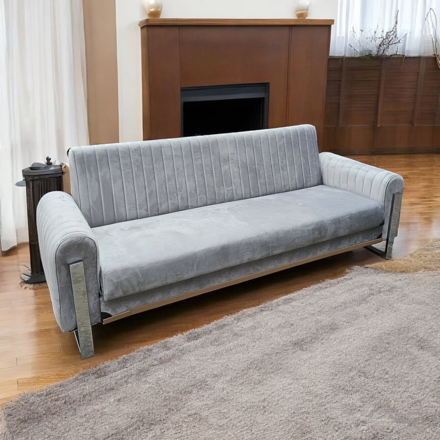 Manny Modern Velvet Sofa 3-Seater with Chrome Legs, 230cm Wide, Deep Seating & Vertical Stitch Design