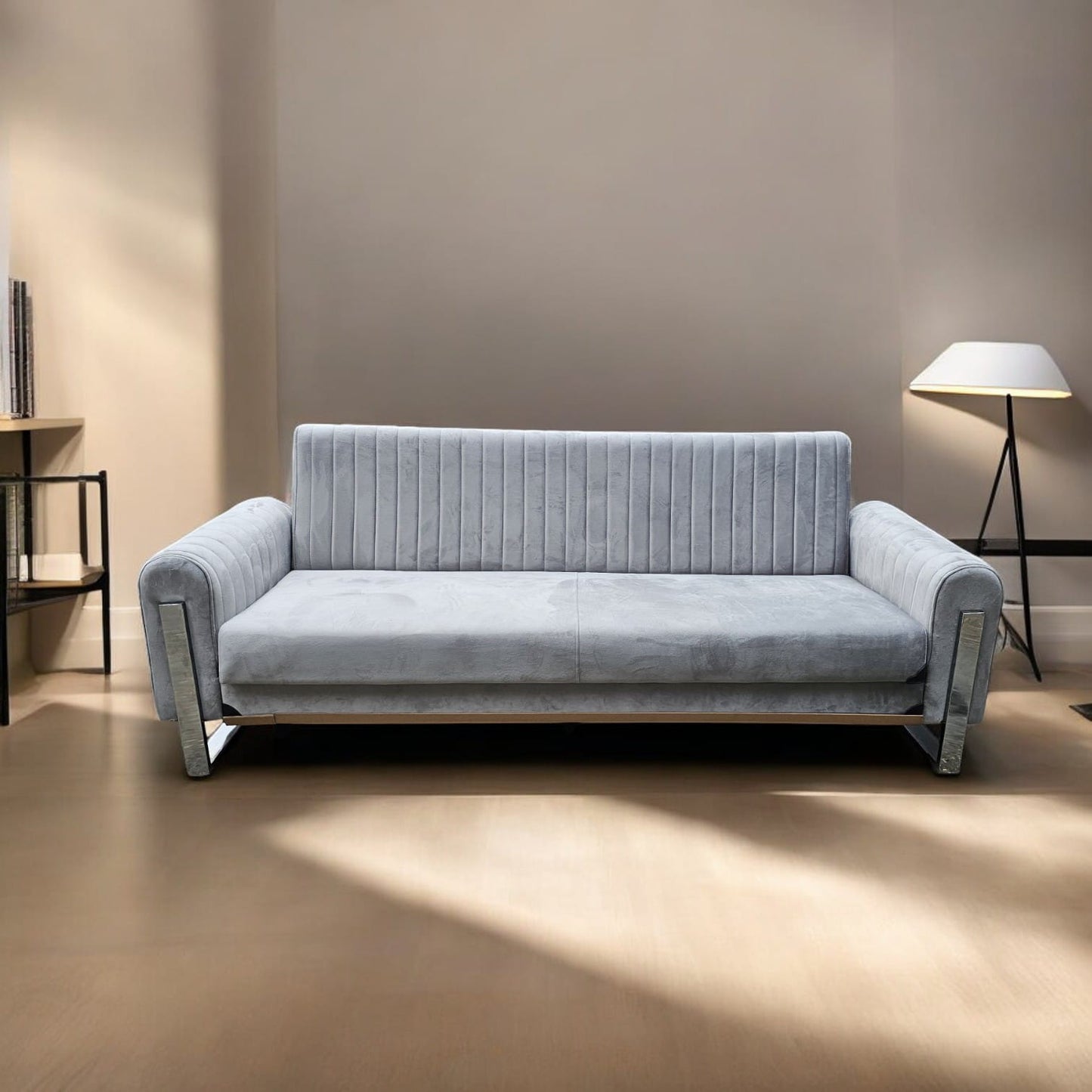 Manny Modern Velvet Sofa 3-Seater with Chrome Legs, 230cm Wide, Deep Seating & Vertical Stitch Design