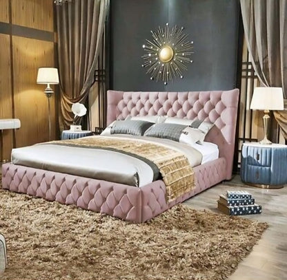 Luxury Wingback Bed with Tufted Upholstery  Modern Velvet Bed Frame