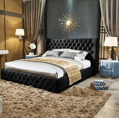 Luxury Wingback Bed with Tufted Upholstery  Modern Velvet Bed Frame